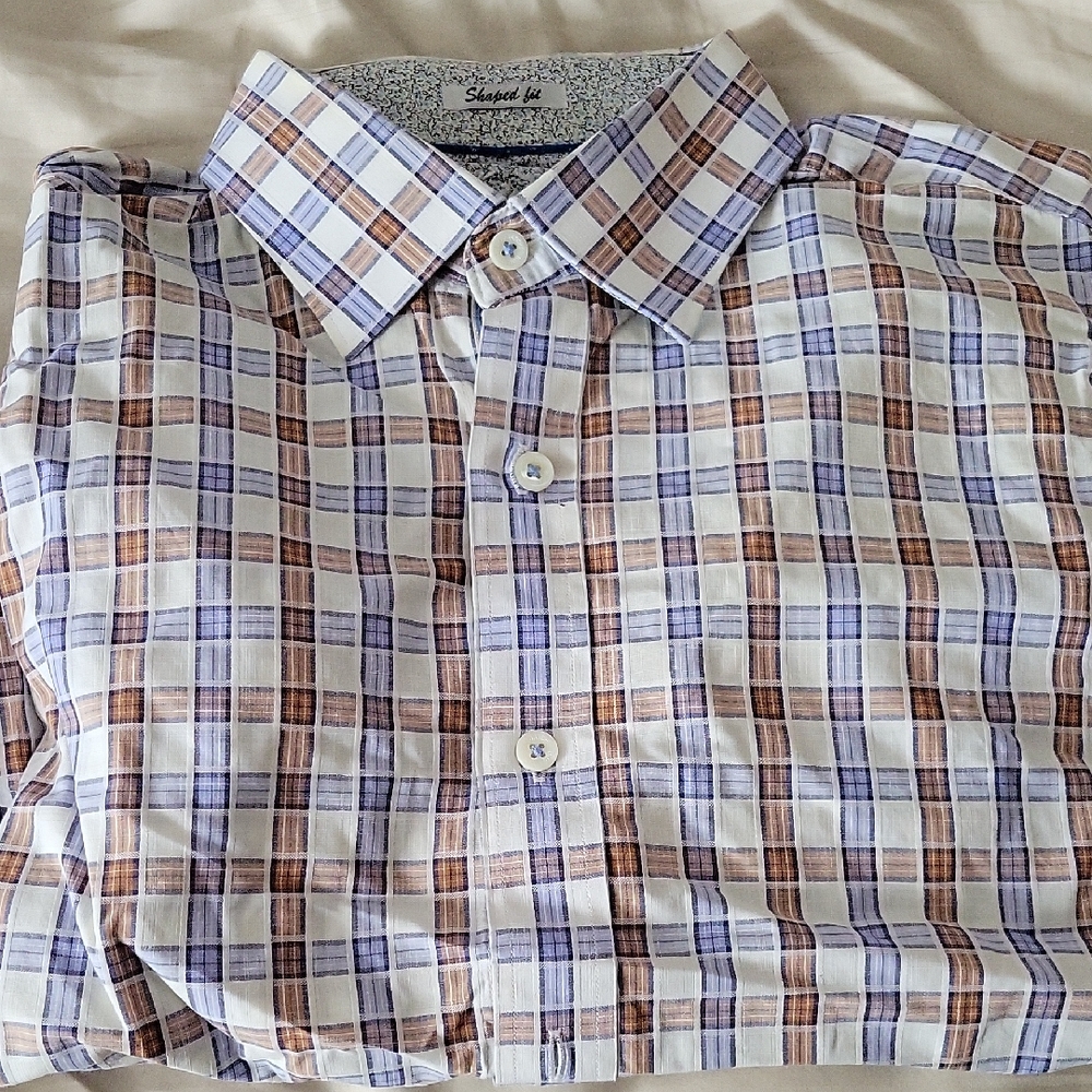 Bugatchi Plaid Button Down Shirt in White, Blue, and Brown
